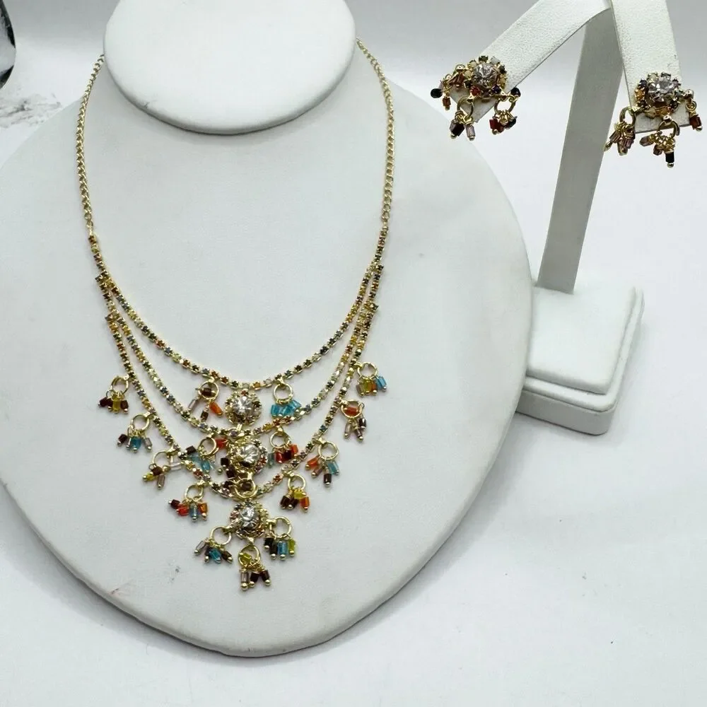 Colorful Bead And Rhinestone Gold Plated Bollywood Indian Necklace And Earrings
